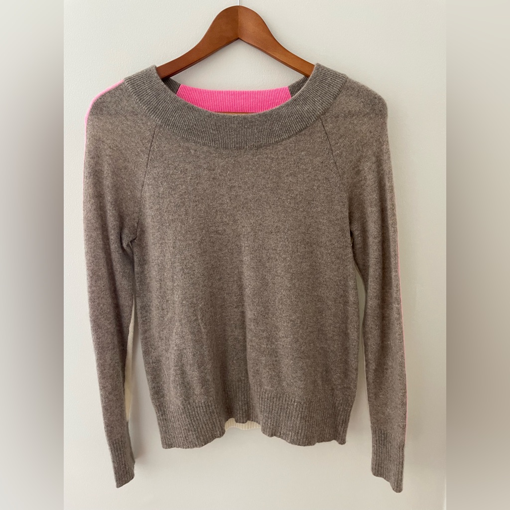 White + Warren Taupe Scoop Neck Sweater With Neon Pink Trim